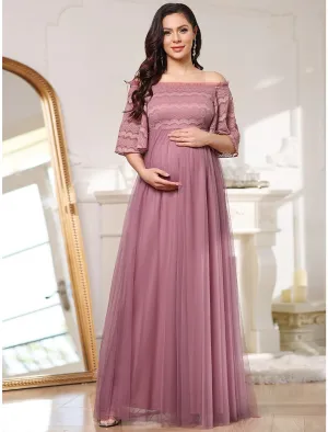 Aimishang  A-Line Mother of the Bride Dress Maternity Elegant Off Shoulder Floor Length Lace Tulle Sleeveless with Tier