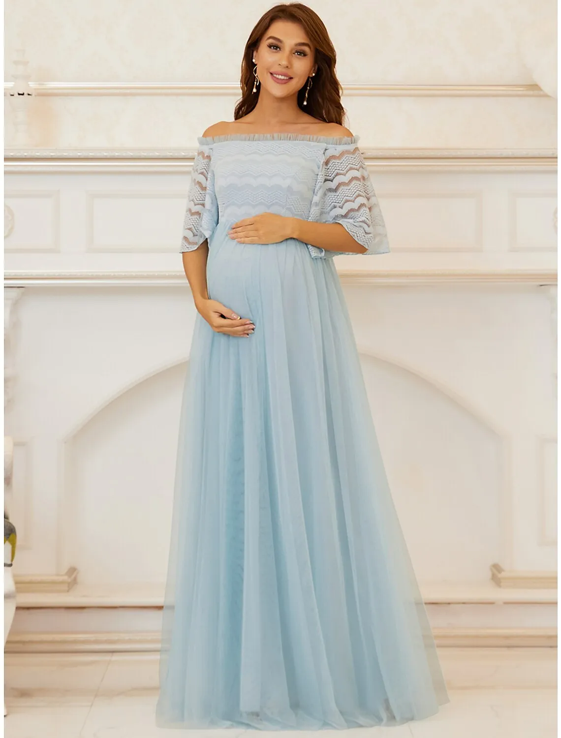 Aimishang  A-Line Mother of the Bride Dress Maternity Elegant Off Shoulder Floor Length Lace Tulle Sleeveless with Tier