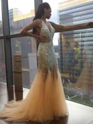 Halter Sleeveless Tulle Sequin Trumpet/Mermaid Prom Dresses
